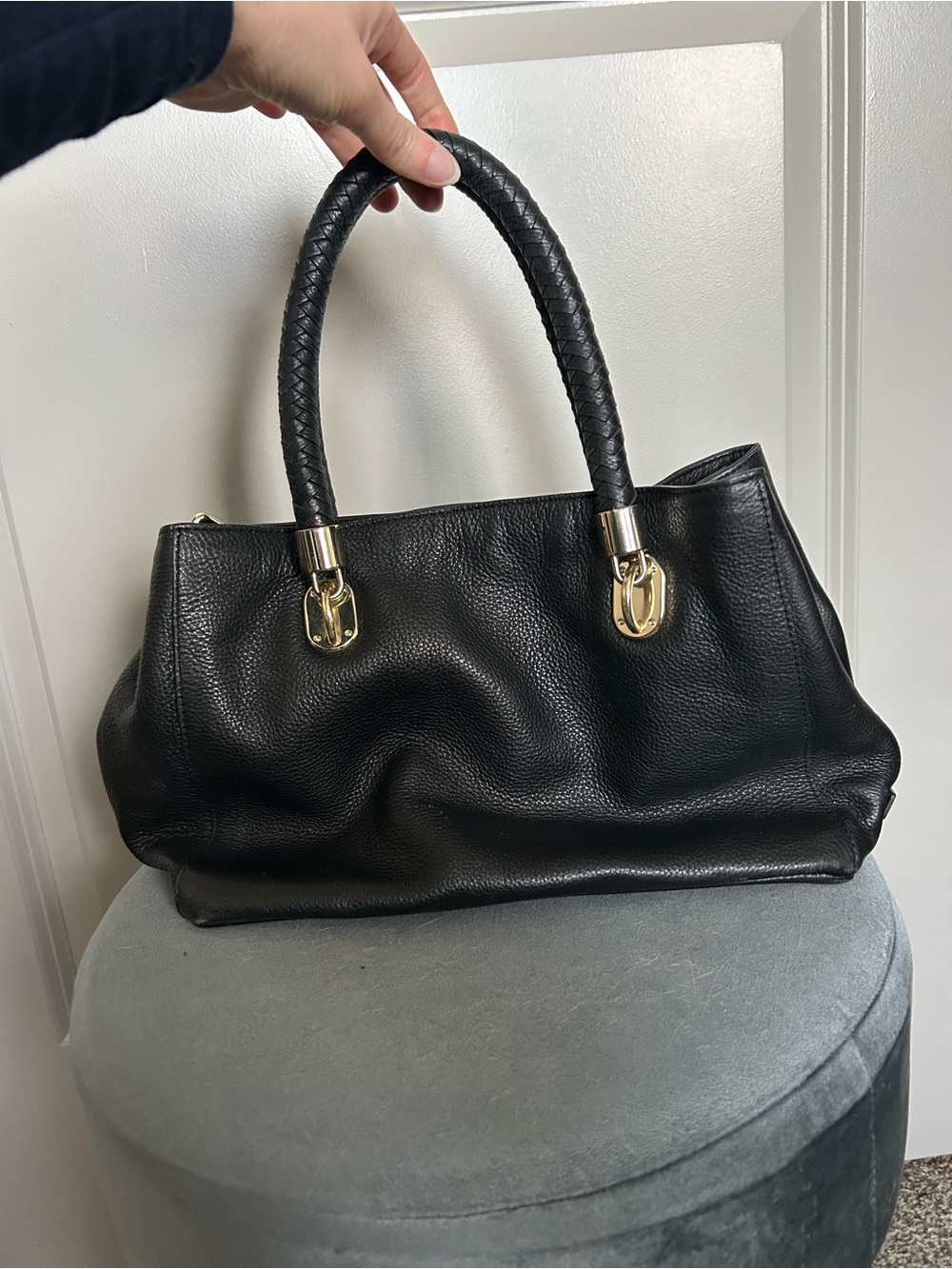 Cole Haan Black Pebbled Leather Braided-Handle Tote with Gold Hardware